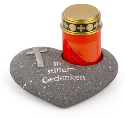 Produktbild von Novaliv Grabschmuck Herz Anthrazit mit Kreuz Spruch In stillem Gedenken inkl. LED Grablicht Rot Grabdeko Grabherz Wetterfest Grabdekoration Gedenkstein Teelichthalter Trauerstein
