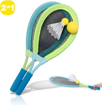 Two badminton rackets and a shuttlecock with a ball.