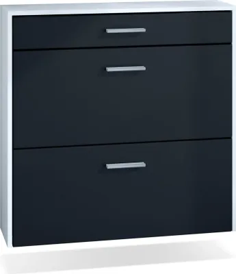 Produktbild von InnoFurn hängender Schuhschrank Roma Air Schmal mit 2 Klappen und 1 Schublade, Platzsparender Schuhkipper Flurschrank für Diele Flur Garderobe, Weiß matt/Schwarz matt (89 x 87 x 23 cm)