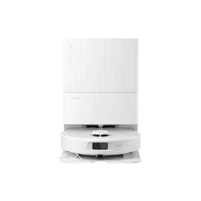 A white robot vacuum cleaner with its docking station is shown against a white background.