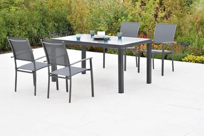 Produktbild von Merxx "Milano" Set 5tlg., 4 Stapelsessel, Ausziehtisch 150 (210) x 90 cm, Tischplatte aus Aluminium, grau, Aluminium/Textil