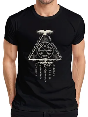 Produktbild von Vegvisir Runenkompass Nordisches Wikingersymbol Odin Rabe Herren T-Shirt, Schwarz, L