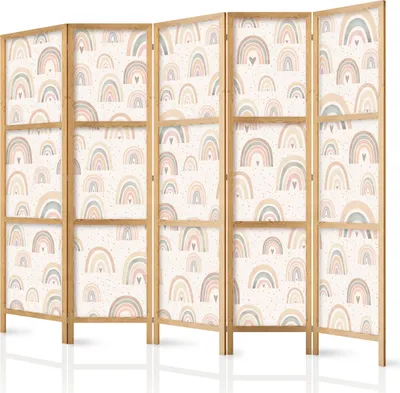 A room divider with a pastel rainbow pattern.