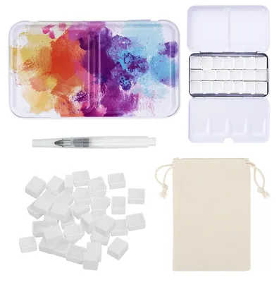 Produktbild von Aquarellkasten Farbkasten Mischpalette - Metall mit Emaille - Mit Wassertankpinsel - 14 Mischfelder