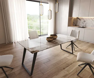 Produktbild von DELIFE Esstisch Edge 200x100 Keramik Minas Melange Weiß-Beige Metall Schräg Schwarz