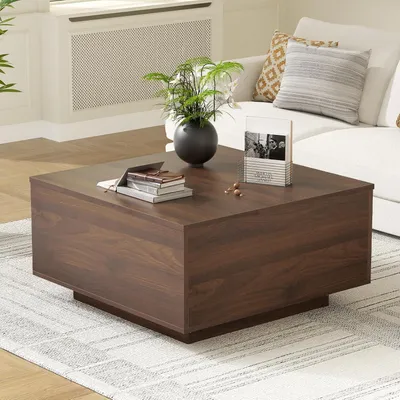Produktbild von FABATO Couchtisch eckig, höhenverstellbar mit verstecktem Staufach, Landhaus-Design in Nussbaum