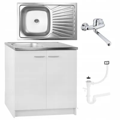 Produktbild von Stamar | Küchenschrank, Weiße Stehende, 80 cm - Spüle - Wandarmatur Chrom - Siphon
