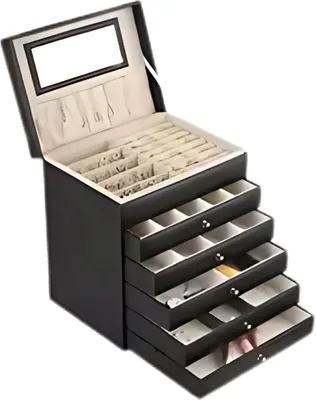 Produktbild von Schmuckkästchen Tavien – Schmuckkästchen für Damen – Organizer mit 6 Lagen, Spiegel & Schubladen – Schmuckaufbewahrung für Ringe, Ketten, Armbänder & Uhren – Schwarz