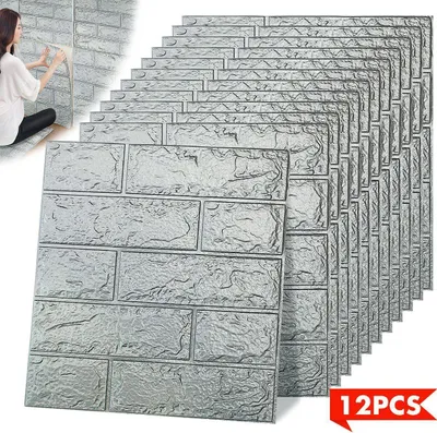 Produktbild von Tapeten, 3D Selbstklebende Wandpaneele 12 Stück, Steinoptik, 35x38cm, Silbergrau, 1,3m², Wasserfest für Küche, Bad, Wohnzimmer