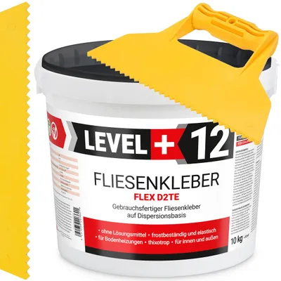 Obrázok produktu pre Sada bieleho disperzného lepidla na dlaždice 10 kg Level+12 a plastového tmelu na dlaždice s trojuholníkovým zubom 5 mm