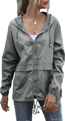 Produktbild von ASKSA Dámská bunda do deště Lehká bunda na zip Větrovka Outdoorová pláštěnka s kapucí, světle šedá, L