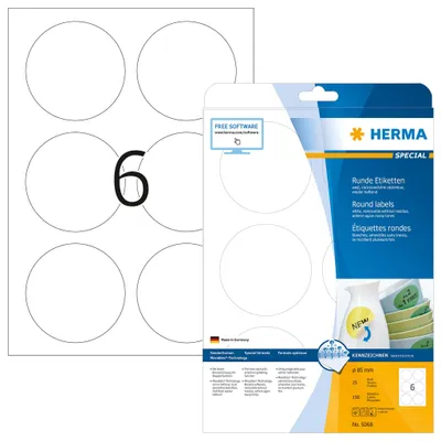 Image de Étiquettes HERMA Movables, amovibles, rondes, Ø 85 mm, format A4, blanc mat, 150 pièces