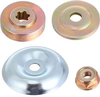 A set of metal parts for a string trimmer, including a blade adapter, a washer, and a nut.