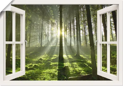 Produktbild von ARTland Poster Fensterblick - Wald im Gegenlicht, weiß Größe: 100x70 cm