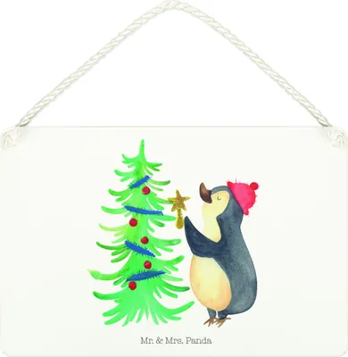 Produktbild von Mr. & Mrs. Panda Schild Pinguin Weihnachtsbaum DIN A4 - Weiß - Geschenk, Türschild, Deko, Winter, Weihnachten, Wandbild Holz, kleine aufmerksamkeit, holzbild