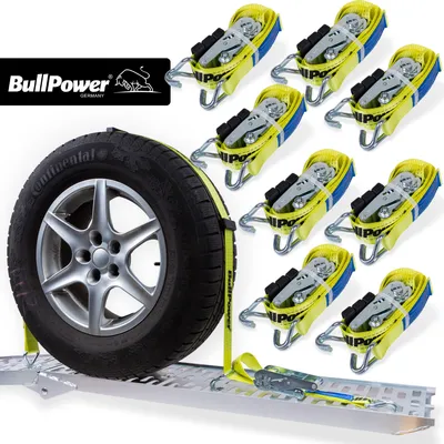 Produktbild von 8x BullPower Spanngurte AZG203 - Autotransport PKW Zurrgurte Reifengurte Transportsicherungen - LC 4000 kg / daN mit Ratsche und Haken - 50mm breit