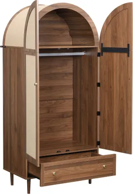 Produktbild von Merax Kleiderschrank mit Stofftüren und Schublade, Schrank in Bogenform und Walnussoptik,Garderobe mit Holzfüße, für Schlafzimmer & Ankleidezimmer, Holzfarbe