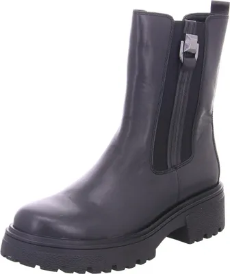 A black leather boot with a thick sole and a decorative zipper detail.