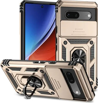 Immagine prodotto di Custodia per Google Pixel 7A a doppio strato con copertura scorrevole della fotocamera e supporto ad anello Oro