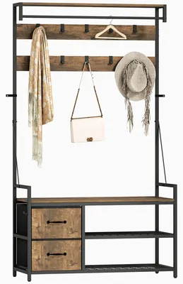 Produktbild von Garderobenständer Industrial – Kleiderständer Schuhregal 10 Haken Braun