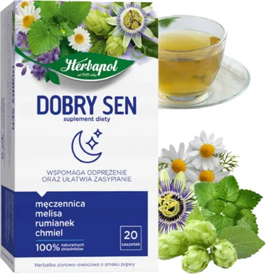 A collage of a tea box, a cup of tea, and ingredients for the tea.
