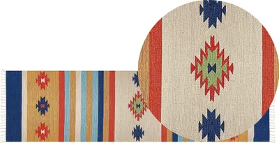 Obrázok produktu pre BELIANI Kelímový koberec viacfarebný bavlna 80 x 300 cm ručne tkaný obojstranný geometrický vzor so strapcami tradičný boho štýl