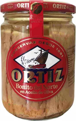Produktbild von Conservas Ortiz Bonito del Norte "Weißer Thunfisch in Olivenöl" (400g Glas) + usy Block