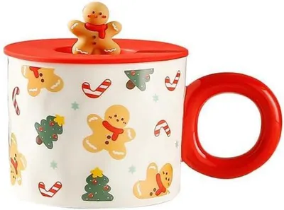 Produktbild von Keramik Weihnachtstasse mit Deckel 420ML für Heiß- & Kaltgetränke