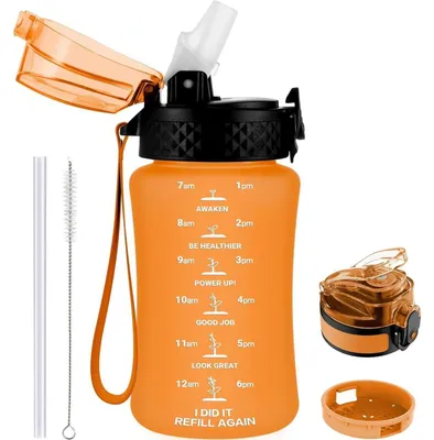 Produktbild von Trinkflasche Kinder 350ml mit Strohhalm und Zeitmarkierung, auslaufsicher, BPA-frei, Orange