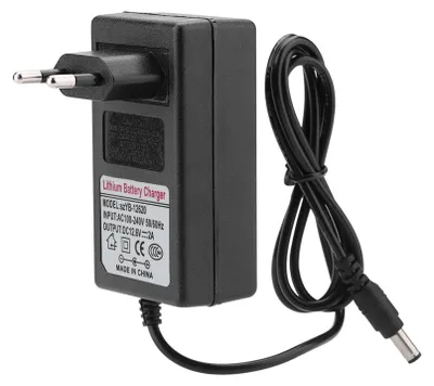 A black lithium battery charger with a European plug and a coiled cable.