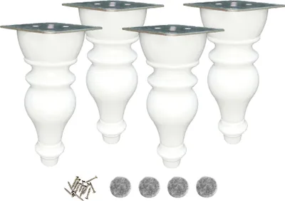 Four white wooden furniture legs with metal mounting plates are arranged on a white background. A small pile of screws and four grey felt pads are also visible at the bottom.