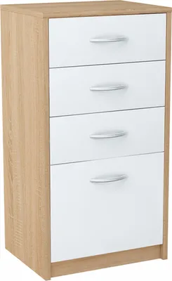 A tall, narrow chest of drawers with four white drawers and silver handles, set against a white background.