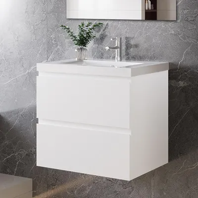 Produktbild von 60 cm Badmöbel-Set Unterschrank mit dick Keramik waschtisch 2 Schubladen soft-close Weiß Matt Selbstmontierter