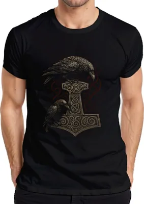 Produktbild von Thorshammer mit Raben nordische Mythologie Wikinger Runenkunst Herren T-Shirt, Schwarz, XXL