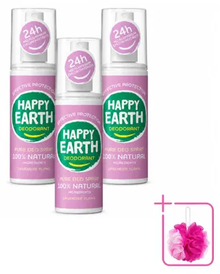 Obrázok produktu pre 3 x Dezodorant vo spreji Happy Earth Pure – Levanduľa a ylang-ylang – 100 ml – Balenie s 3 kusmi