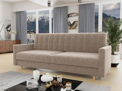 Schlafsofa Sara - Sofa mit Bettkasten und Schlaffunktion, Bettsofa, Schlafcouch mit Holzfüße, Velours (Beige (Paros 02))