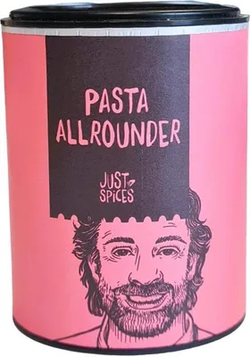 A cylindrical container of spices with a drawing of a man on it.