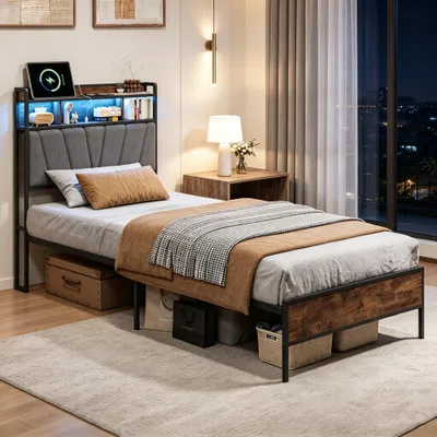 Productafbeelding van INONEFT Gestoffeerd bed 90 x 200 cm met LED-verlichting, eenpersoons boxspringbed met lattenbodem, kinderbed met USB/C-poort, houten bed, metalen bed, grijs
