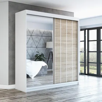 Produktbild von Schwebetürenschrank, 2-türig Schrank mit Spiegel! Moderne Garderobe für Kleidung. Verschiedene Farben (Weiß, Schwarz, Somona) Kleiderschrank VIGO 180 cm