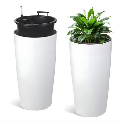 Produktbild von Selbstbewässernder Blumentopf 76 cm 2er Set – Hoher Pflanzkübel mit Wasserstandsanzeige & Einsatz – Für Innen & Außen – Weiß