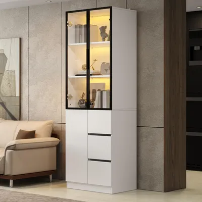 Produktbild von okwish Vitrinenschrank mit LED-Beleuchtung per App steuerbar,Glasschrank mit 3 Schubladen,Wohnzimmerschrank mit Glastüren,Weiß
