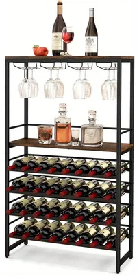 Image de Rangement à vin - Étagère à bouteilles - Armoire à vin - Porte-bouteilles - Rangement à verres à vin - Style rustique, couleur marron - Pour 32 bouteilles et 16 verres
