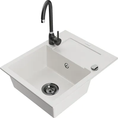 Produktbild von Mexen Enzo 1 Becken-Granitspüle mit Abtropffläche und Mischbatterie Telma, Weiß - 6506-20-670200-70