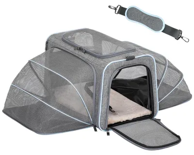 Productafbeelding van Opvouwbare transporttas voor katten en honden, uitbreidbaar, grijs, met schouderband