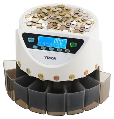 Zdjęcie produktu dla Sorter monet euro VEVOR, maszyna do liczenia 8 rodzajów monet euro, liczarka do 850 monet, wyświetlacz LCD, 5 tub na monety i 8 pojemników na monety