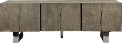 Lowboard Akazie Massiv 160cm TV-Kommode 3 Türen Grau in Gesamtansicht mit Metallbeinen von vorne.