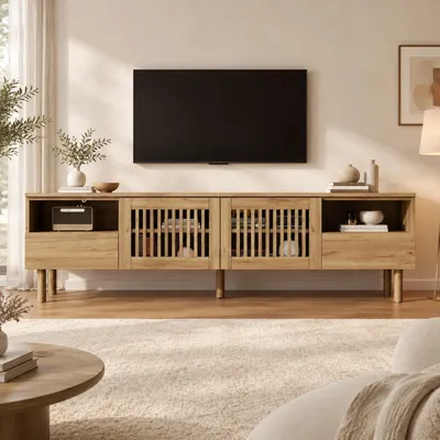 Produktbild von okwish TV-Lowboard mit Gittertüren,2 Schubladen und offenen Fächern,TV-Schrank Holzbeinen,Fernsehbank für 55–75 Zoll TV,Natur
