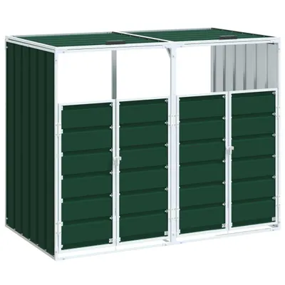A product shot of a green and white double trash bin enclosure.