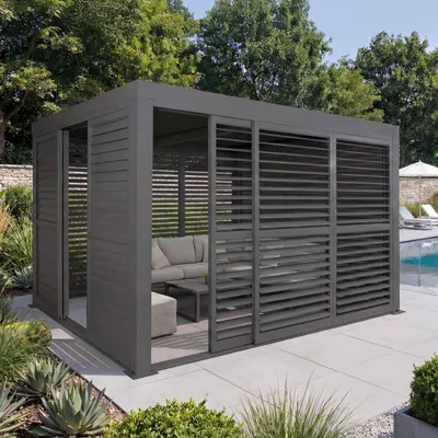 Produktbild von Alu Pergola HWC-L46, Pavillon Terrassenüberdachung, 6x Lamellenpaneel 6x Schiebetüren, 11cm-Gestell, 3x3m  anthrazit