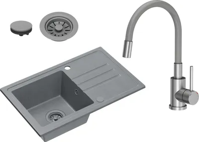 Obrázek produktu pro VBChome Dřez granitový šedý s baterií 70 x 44 cm Jednomísový vestavný dřez Skvrnitý reverzibilní granitový dřez Šedý sifonový dřez Šedá baterie s flexibilní výpustí